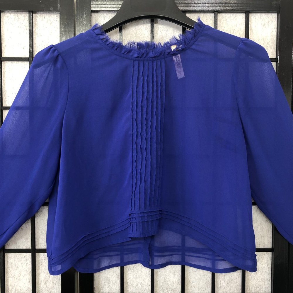 Blue Sheer Cropped Blouse Back Button Long sleeve Romantic Lolita Medium Sexy B1